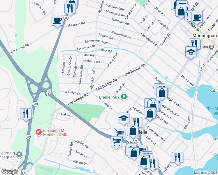 map of restaurants, bars, coffee shops, grocery stores, and more near 504 Old Bridge Road in Brielle