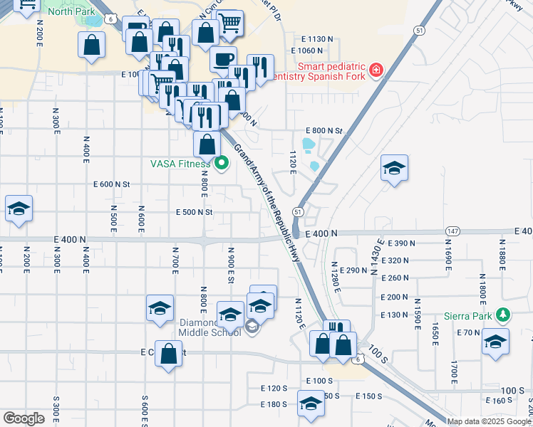 map of restaurants, bars, coffee shops, grocery stores, and more near 491 North 1000 East Street in Spanish Fork