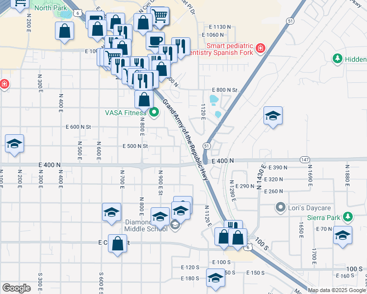 map of restaurants, bars, coffee shops, grocery stores, and more near 491 North 1000 East Street in Spanish Fork