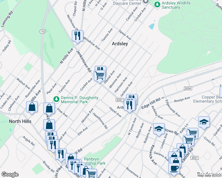 map of restaurants, bars, coffee shops, grocery stores, and more near 2723 Jenkintown Road in Glenside