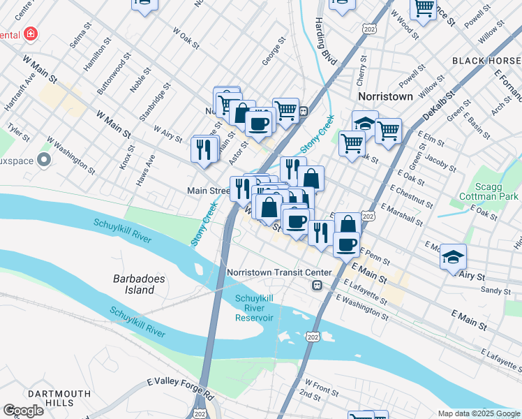 map of restaurants, bars, coffee shops, grocery stores, and more near 221 West Main Street in Norristown