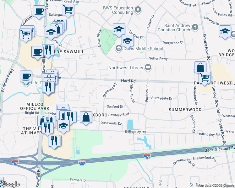 map of restaurants, bars, coffee shops, grocery stores, and more near 2432 Sandstrom Drive in Columbus