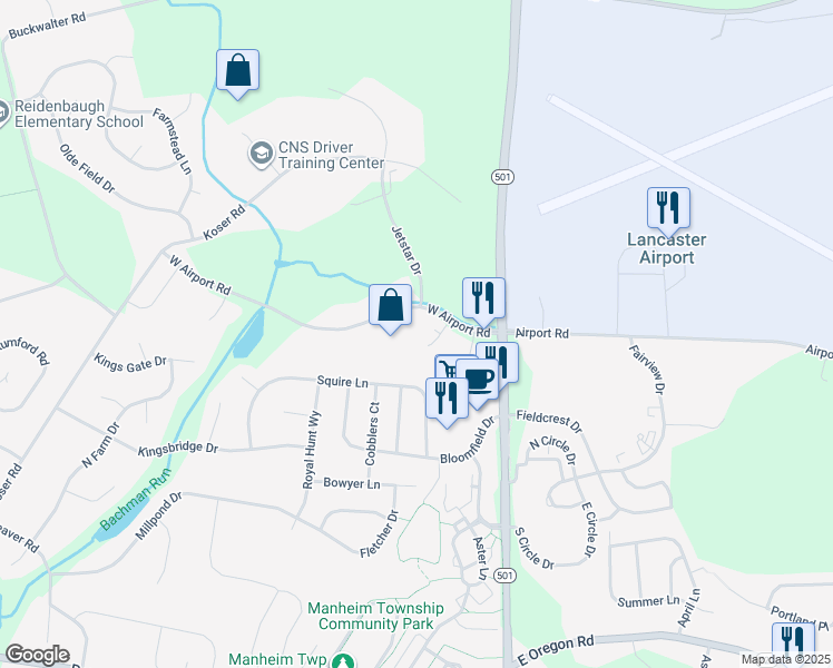 map of restaurants, bars, coffee shops, grocery stores, and more near 5B Falcon Ln in Lititz