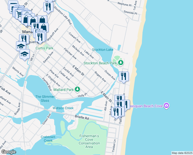 map of restaurants, bars, coffee shops, grocery stores, and more near 11 Sims Avenue in Manasquan