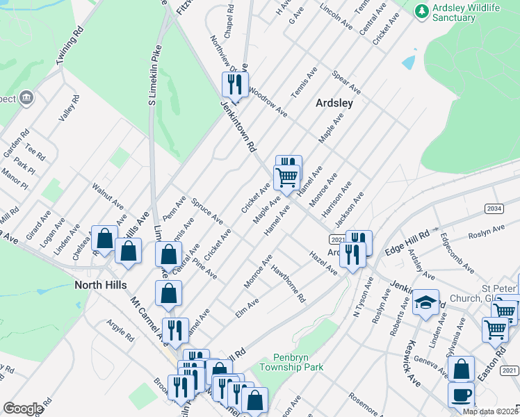 map of restaurants, bars, coffee shops, grocery stores, and more near 429 Cricket Avenue in Glenside