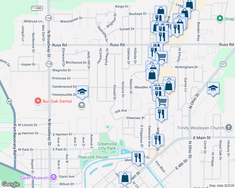 map of restaurants, bars, coffee shops, grocery stores, and more near 1082 Donald Drive in Greenville