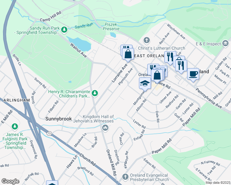 map of restaurants, bars, coffee shops, grocery stores, and more near 240 Plymouth Avenue in Oreland