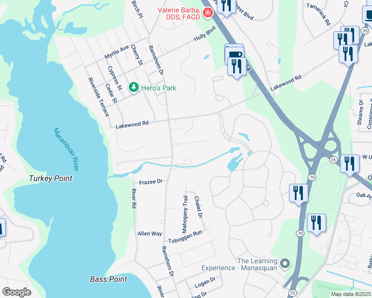 map of restaurants, bars, coffee shops, grocery stores, and more near 1535 Equestrian Lane in Manasquan