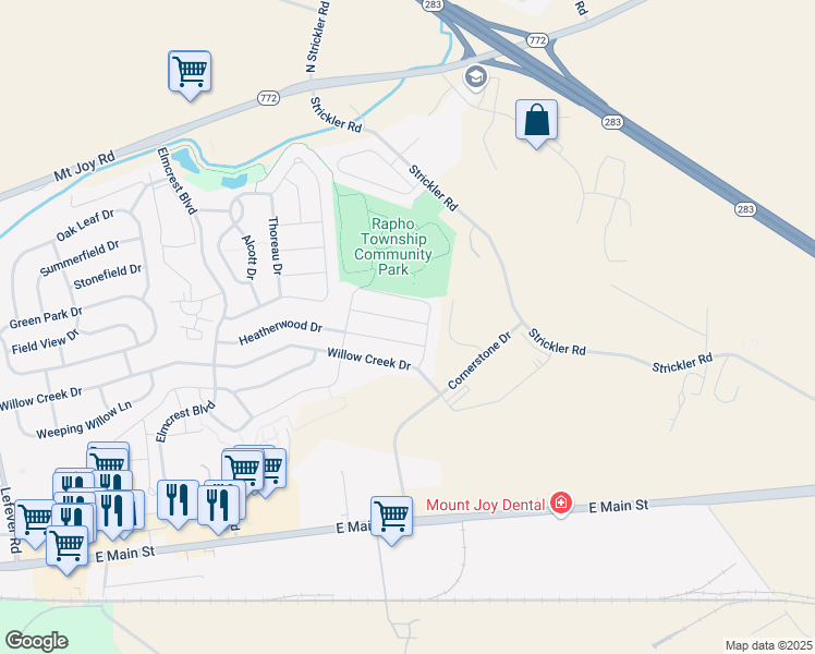 map of restaurants, bars, coffee shops, grocery stores, and more near 1427 Heatherwood Drive in Mount Joy