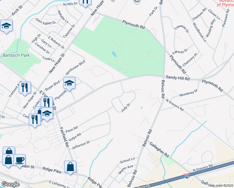 map of restaurants, bars, coffee shops, grocery stores, and more near 7 Louella Drive in Plymouth Meeting