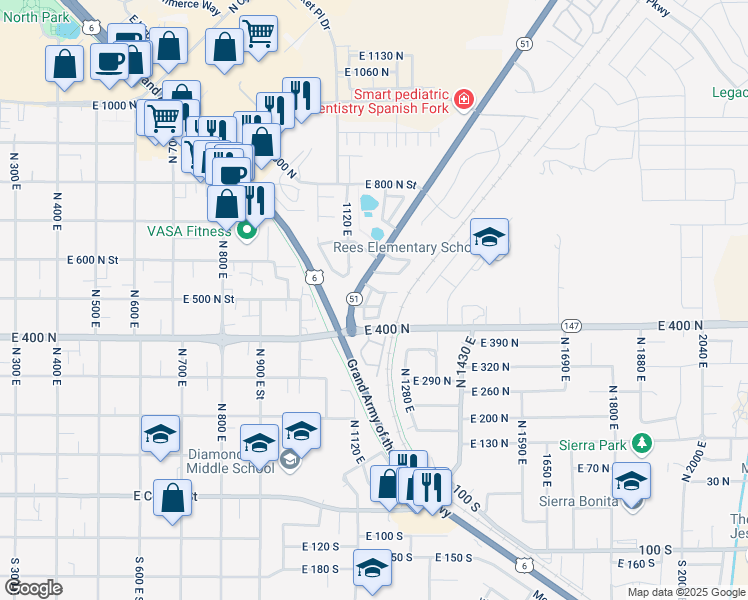 map of restaurants, bars, coffee shops, grocery stores, and more near 514 North 1160 East Street in Spanish Fork