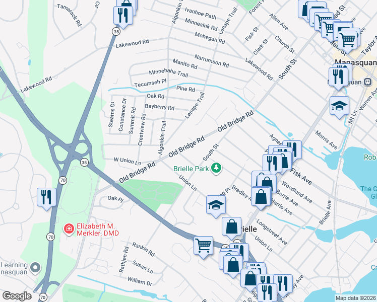 map of restaurants, bars, coffee shops, grocery stores, and more near 504 Old Bridge Road in Brielle