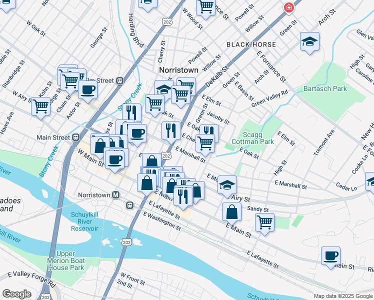 map of restaurants, bars, coffee shops, grocery stores, and more near 207 East Marshall Street in Norristown