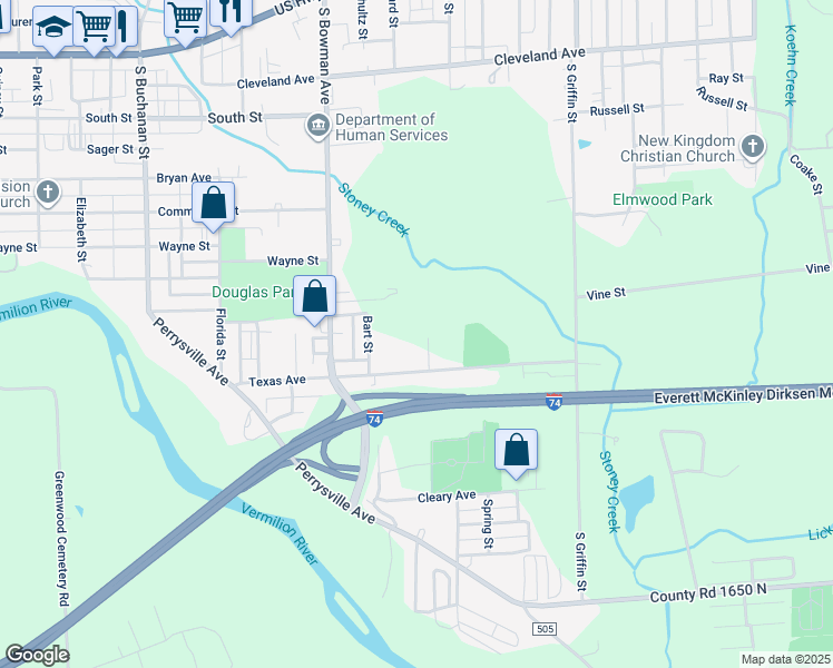 map of restaurants, bars, coffee shops, grocery stores, and more near 809 Wendt Avenue in Danville