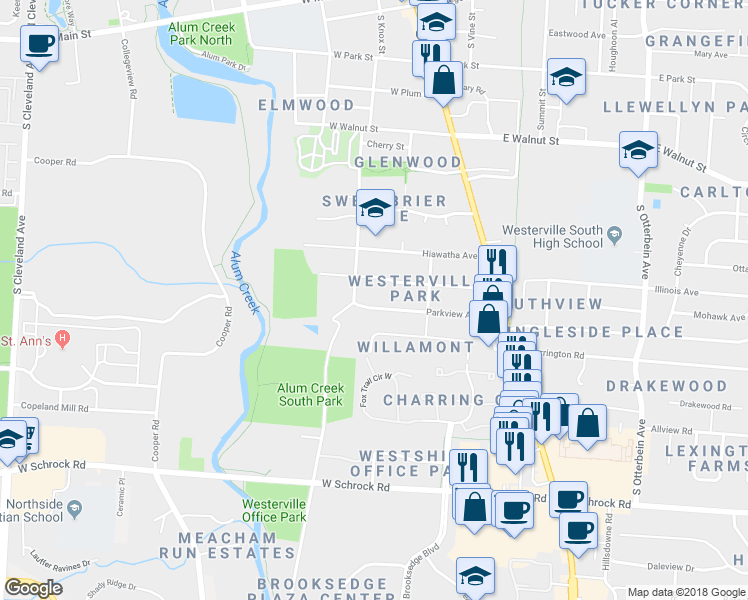 map of restaurants, bars, coffee shops, grocery stores, and more near 156 Parkview Avenue in Westerville