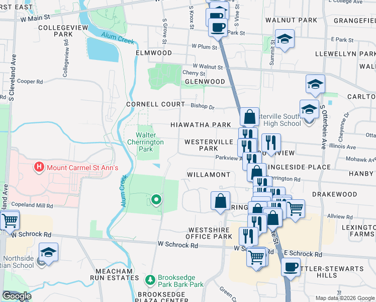 map of restaurants, bars, coffee shops, grocery stores, and more near 156 Parkview Avenue in Westerville