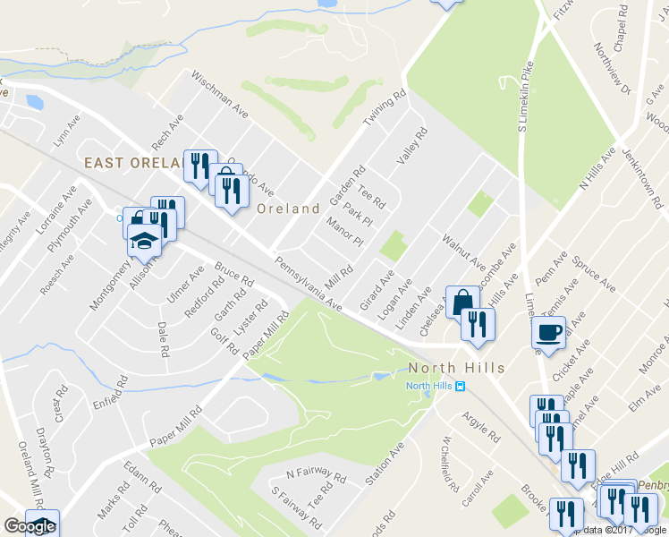 map of restaurants, bars, coffee shops, grocery stores, and more near 82 Cannon Place in Oreland