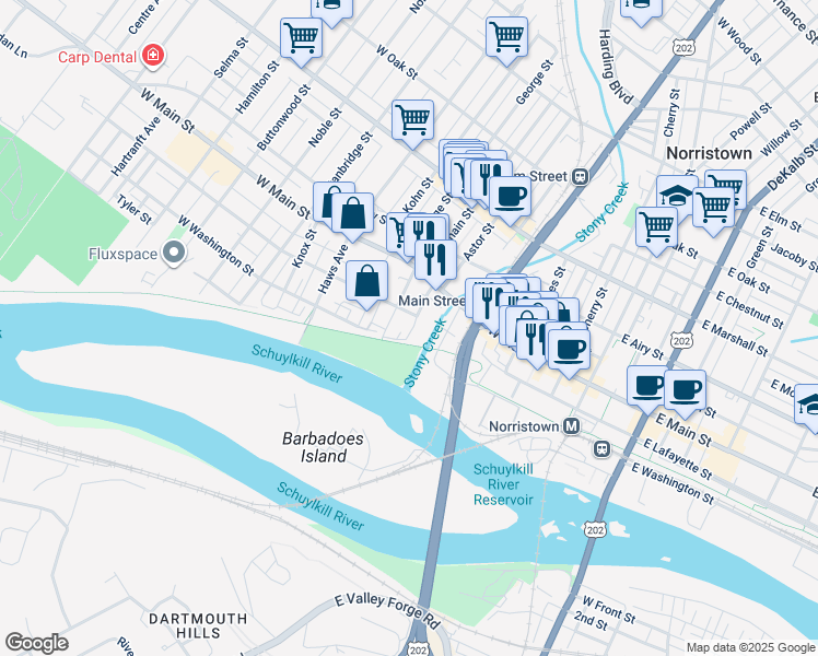 map of restaurants, bars, coffee shops, grocery stores, and more near 113 Pearl Street in Norristown