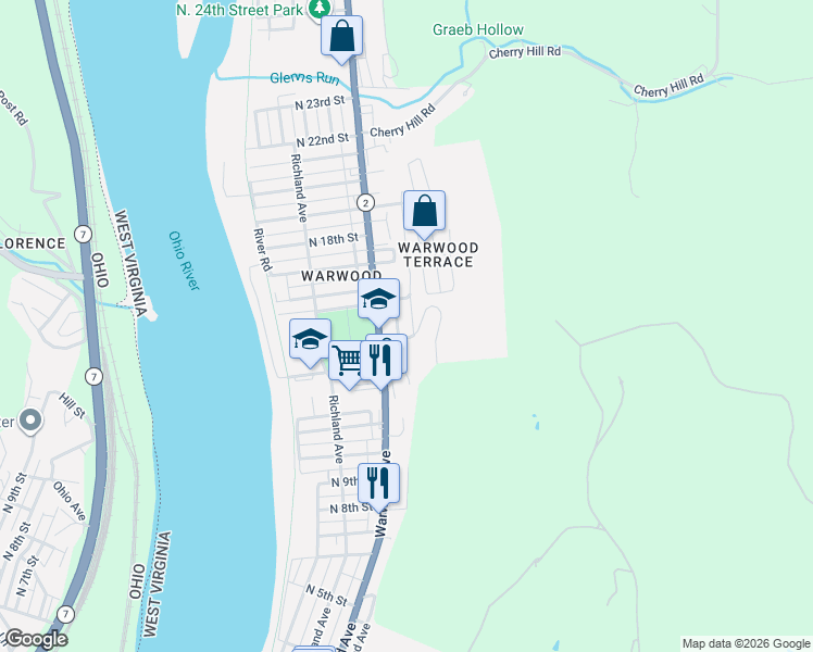 map of restaurants, bars, coffee shops, grocery stores, and more near 1401-1499 Orchard Avenue in Wheeling