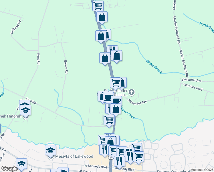 map of restaurants, bars, coffee shops, grocery stores, and more near Route 9 in Howell