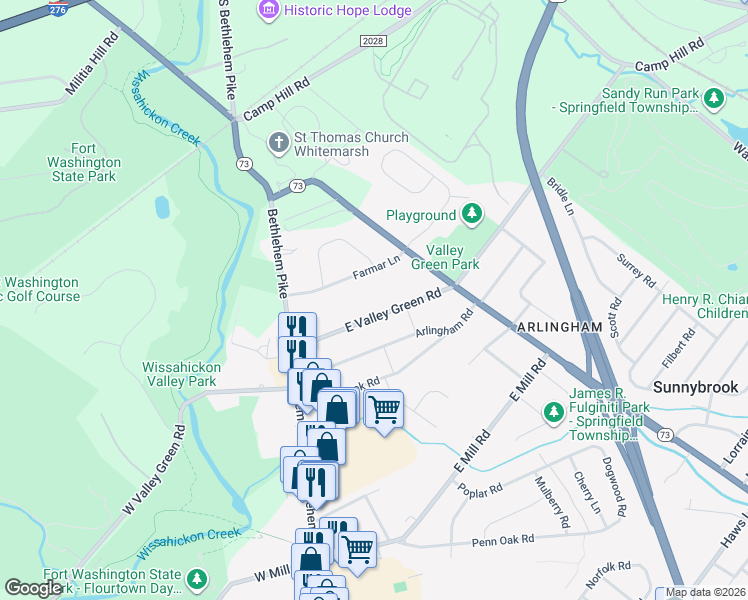 map of restaurants, bars, coffee shops, grocery stores, and more near 6329 East Valley Green Road in Flourtown