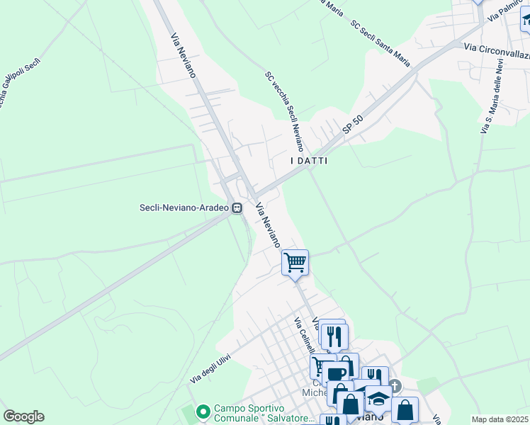 map of restaurants, bars, coffee shops, grocery stores, and more near 50 Via Neviano in Seclì
