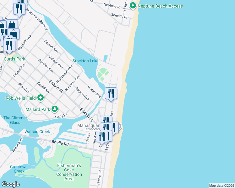 map of restaurants, bars, coffee shops, grocery stores, and more near 76 1st Avenue in Manasquan