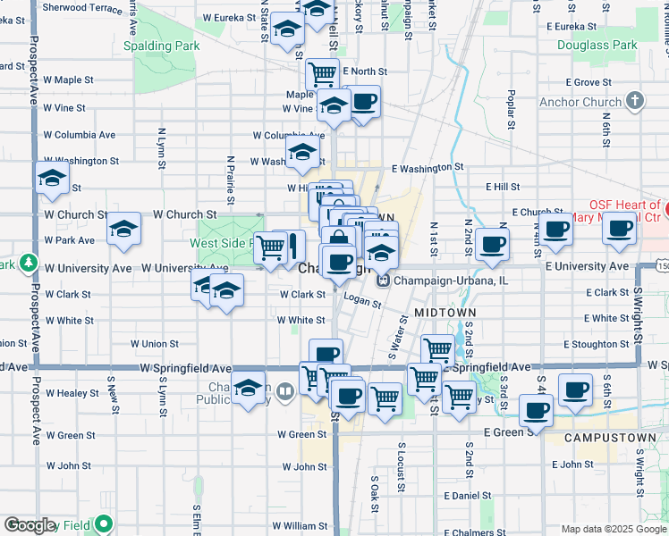 map of restaurants, bars, coffee shops, grocery stores, and more near in Champaign