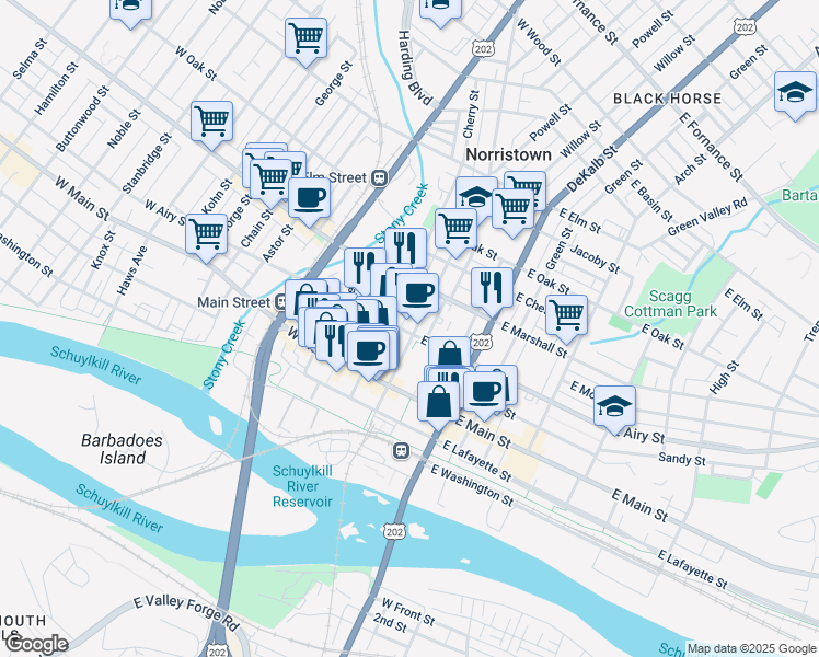 map of restaurants, bars, coffee shops, grocery stores, and more near 501 Swede Street in Norristown