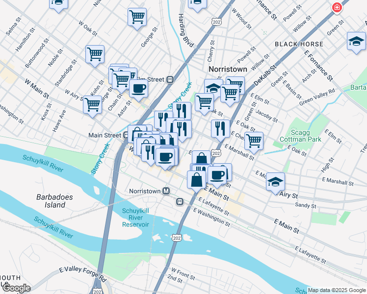 map of restaurants, bars, coffee shops, grocery stores, and more near 504 Swede Street in Norristown