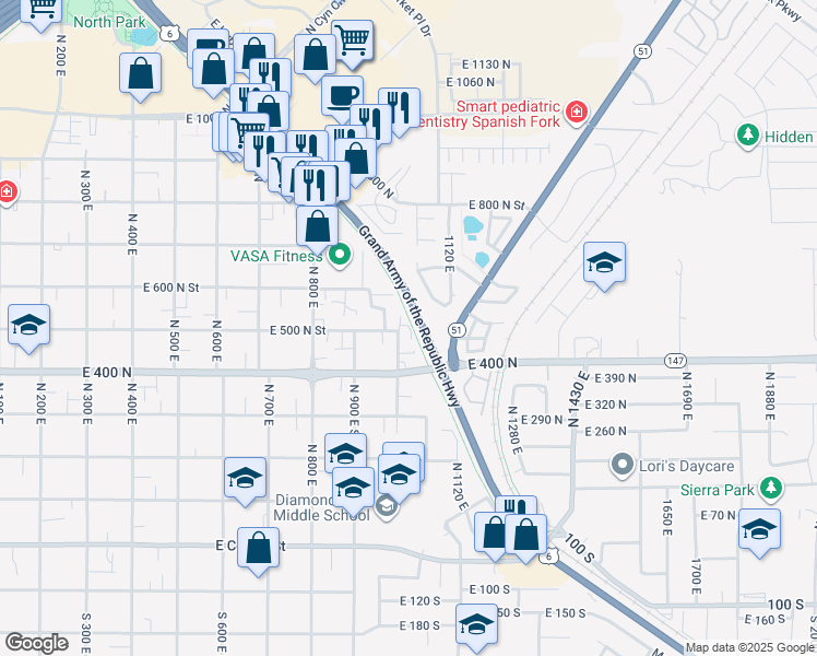 map of restaurants, bars, coffee shops, grocery stores, and more near 491 North 1000 East Street in Spanish Fork