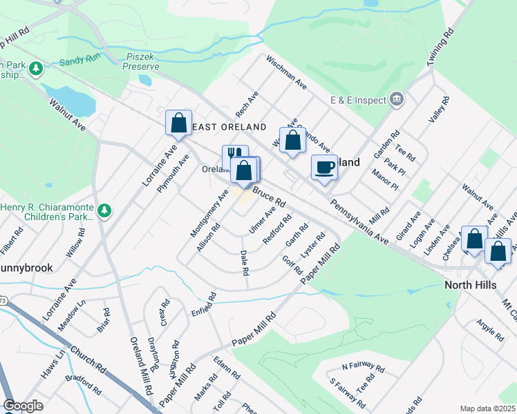 map of restaurants, bars, coffee shops, grocery stores, and more near 120 Clement Road in Oreland