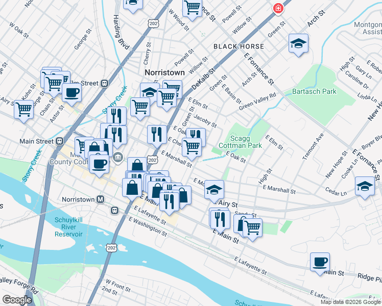 map of restaurants, bars, coffee shops, grocery stores, and more near 617 Arch Street in Norristown