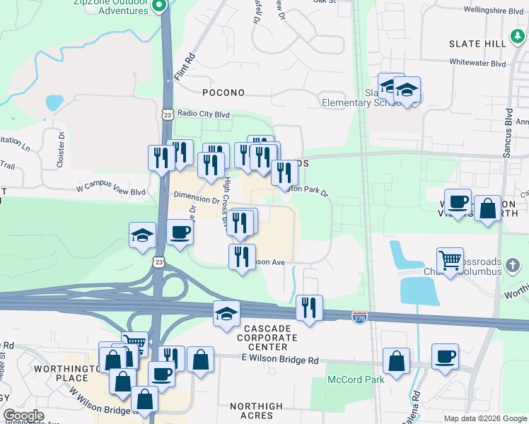 map of restaurants, bars, coffee shops, grocery stores, and more near Unnamed Road in Columbus