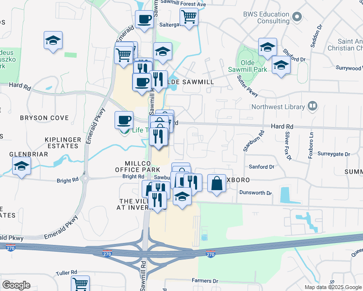 map of restaurants, bars, coffee shops, grocery stores, and more near 7866 Meadowhaven Boulevard in Columbus