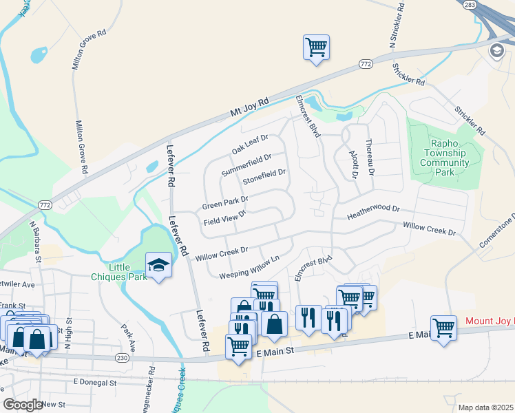 map of restaurants, bars, coffee shops, grocery stores, and more near 3453 Green Leaf Drive in Mount Joy