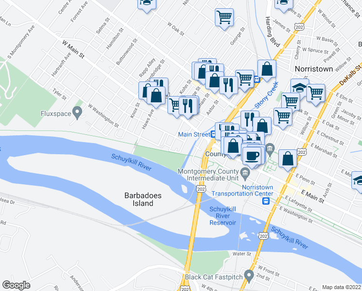 map of restaurants, bars, coffee shops, grocery stores, and more near 115 Pearl Street in Norristown