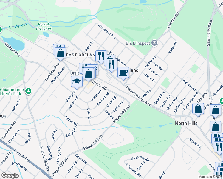 map of restaurants, bars, coffee shops, grocery stores, and more near 1229 Bruce Road in Oreland