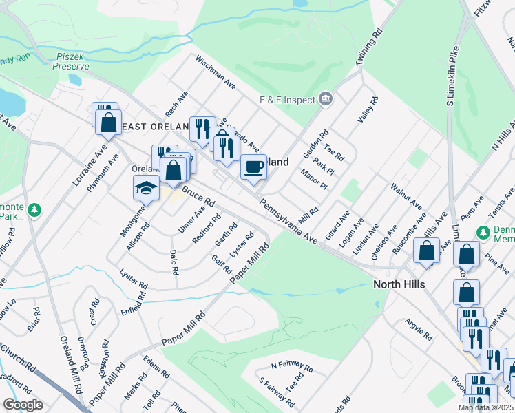 map of restaurants, bars, coffee shops, grocery stores, and more near 1213 Paper Mill Road in Oreland