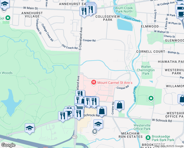 map of restaurants, bars, coffee shops, grocery stores, and more near 340 South Cleveland Avenue in Westerville