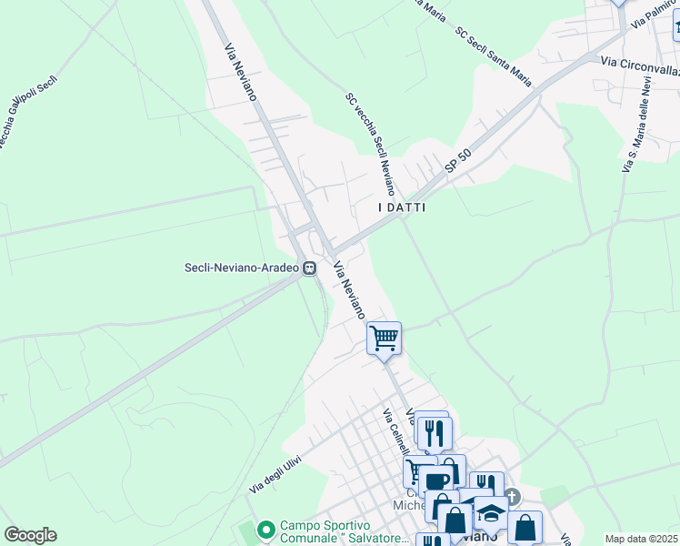 map of restaurants, bars, coffee shops, grocery stores, and more near 50 Via Neviano in Seclì