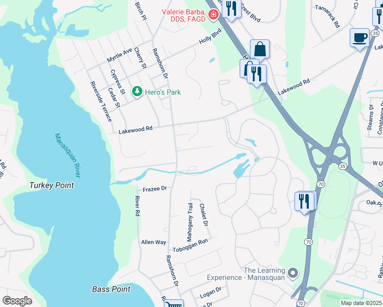 map of restaurants, bars, coffee shops, grocery stores, and more near 1535 Equestrian Lane in Manasquan