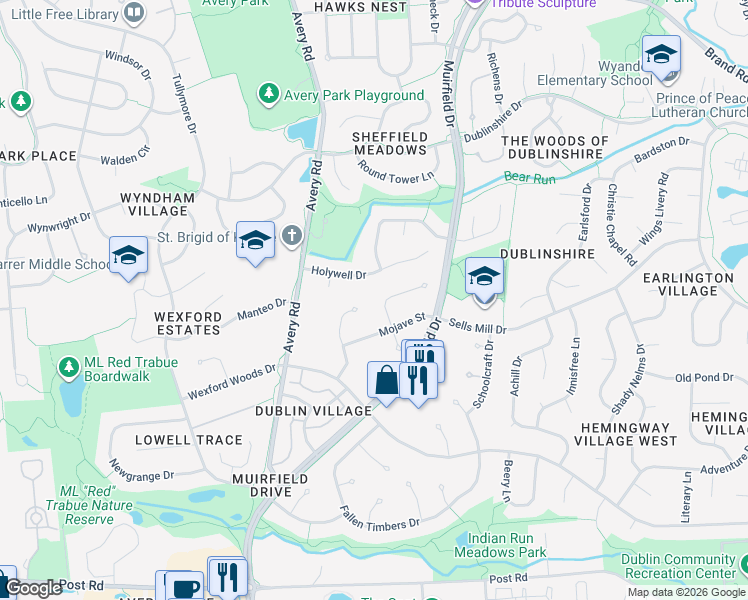 map of restaurants, bars, coffee shops, grocery stores, and more near 7292 Pueblo Court in Dublin