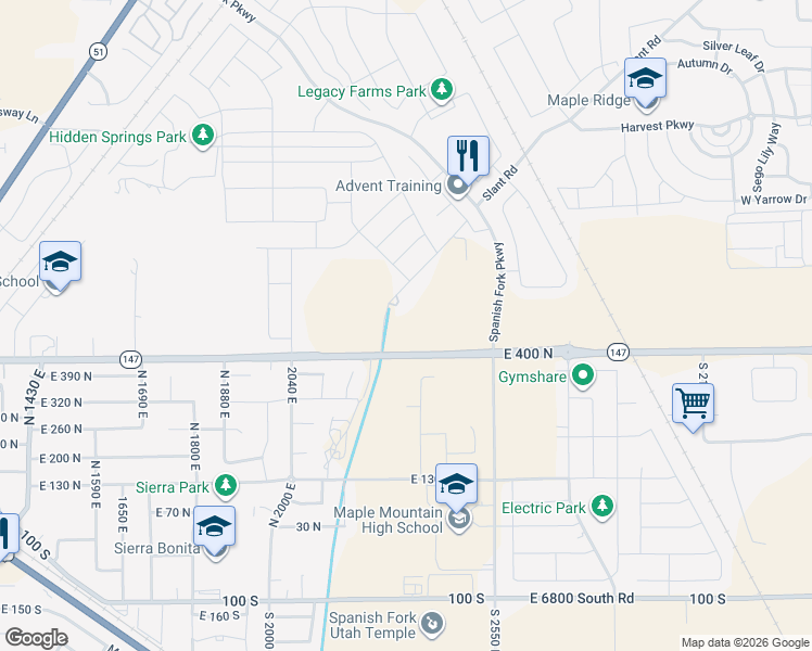map of restaurants, bars, coffee shops, grocery stores, and more near 6223 Slant Road in Spanish Fork