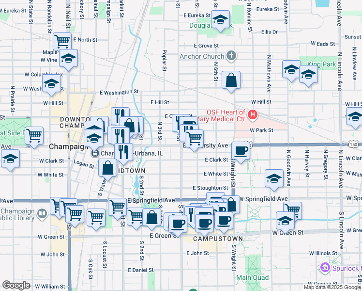 map of restaurants, bars, coffee shops, grocery stores, and more near 400 East University Avenue in Champaign