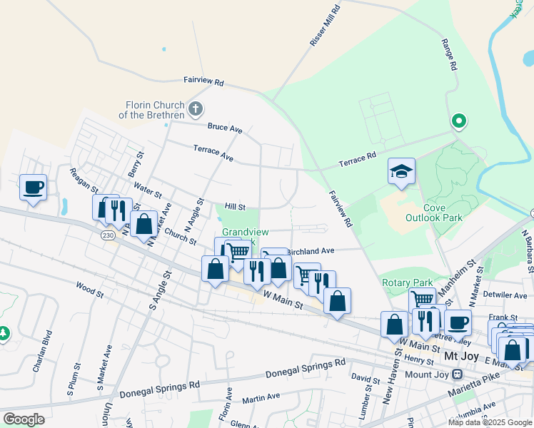 map of restaurants, bars, coffee shops, grocery stores, and more near 311 Orchard Road in Mount Joy