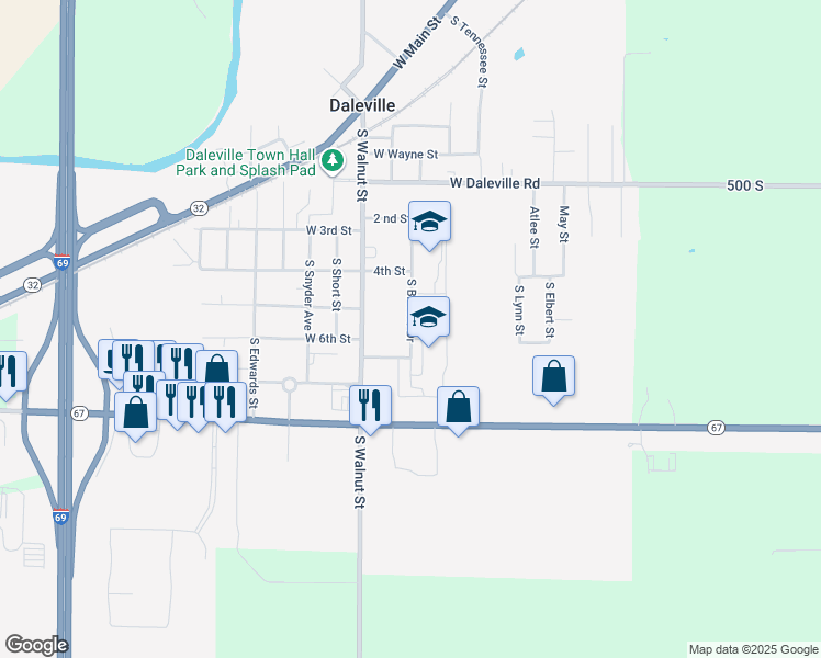 map of restaurants, bars, coffee shops, grocery stores, and more near 8600 South Bronco Drive in Daleville