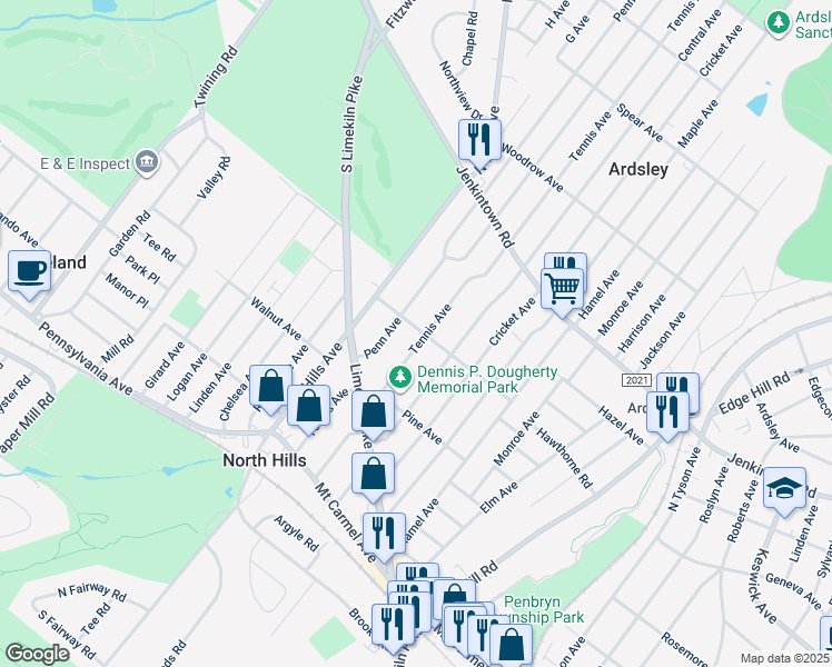 map of restaurants, bars, coffee shops, grocery stores, and more near 360 Tennis Avenue in Glenside