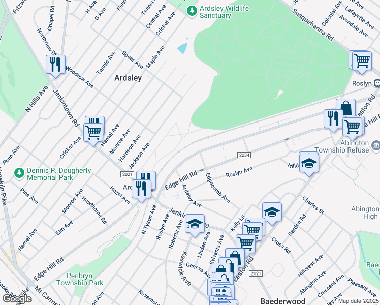 map of restaurants, bars, coffee shops, grocery stores, and more near 640 North Tyson Avenue in Glenside