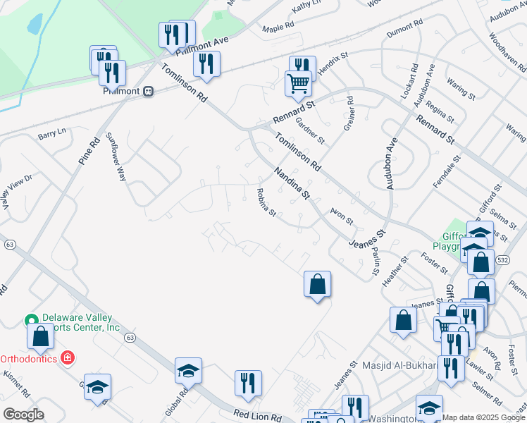 map of restaurants, bars, coffee shops, grocery stores, and more near 234 Robina Street in Philadelphia
